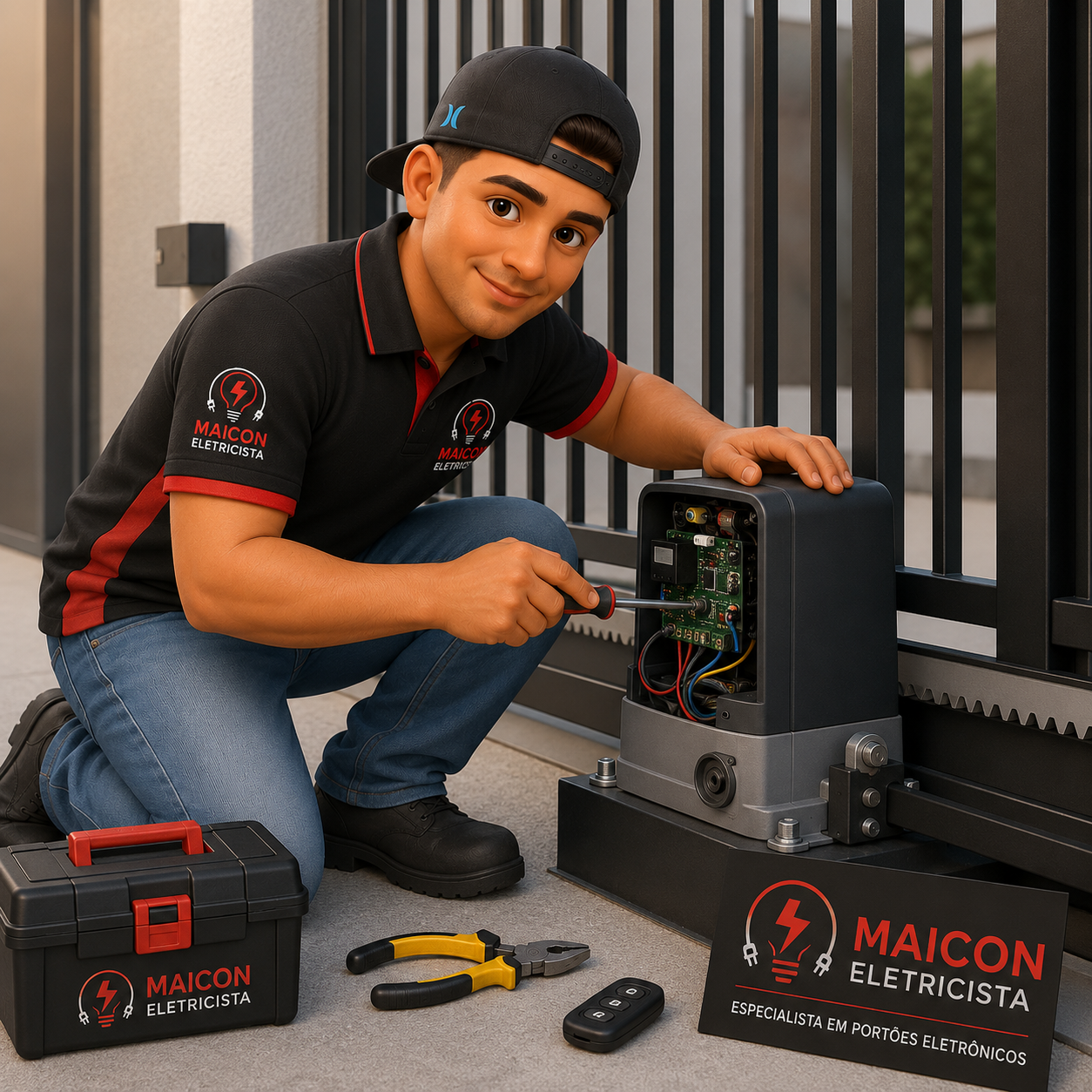 Técnico eletricista realizando manutenção em motor de portão eletrônico em Campinas